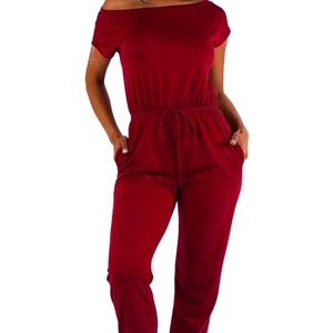 Women's Plus Size Burgundy Jumpsuit Short Sleeve Slouch Shoulders Pockets 3X NWT